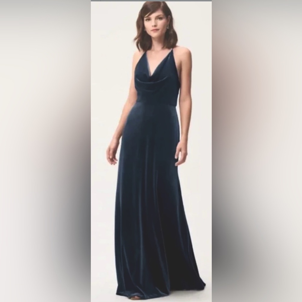 BHLDN Jenny Yoo Blue Velvet Halter Formal Maxi Dress
